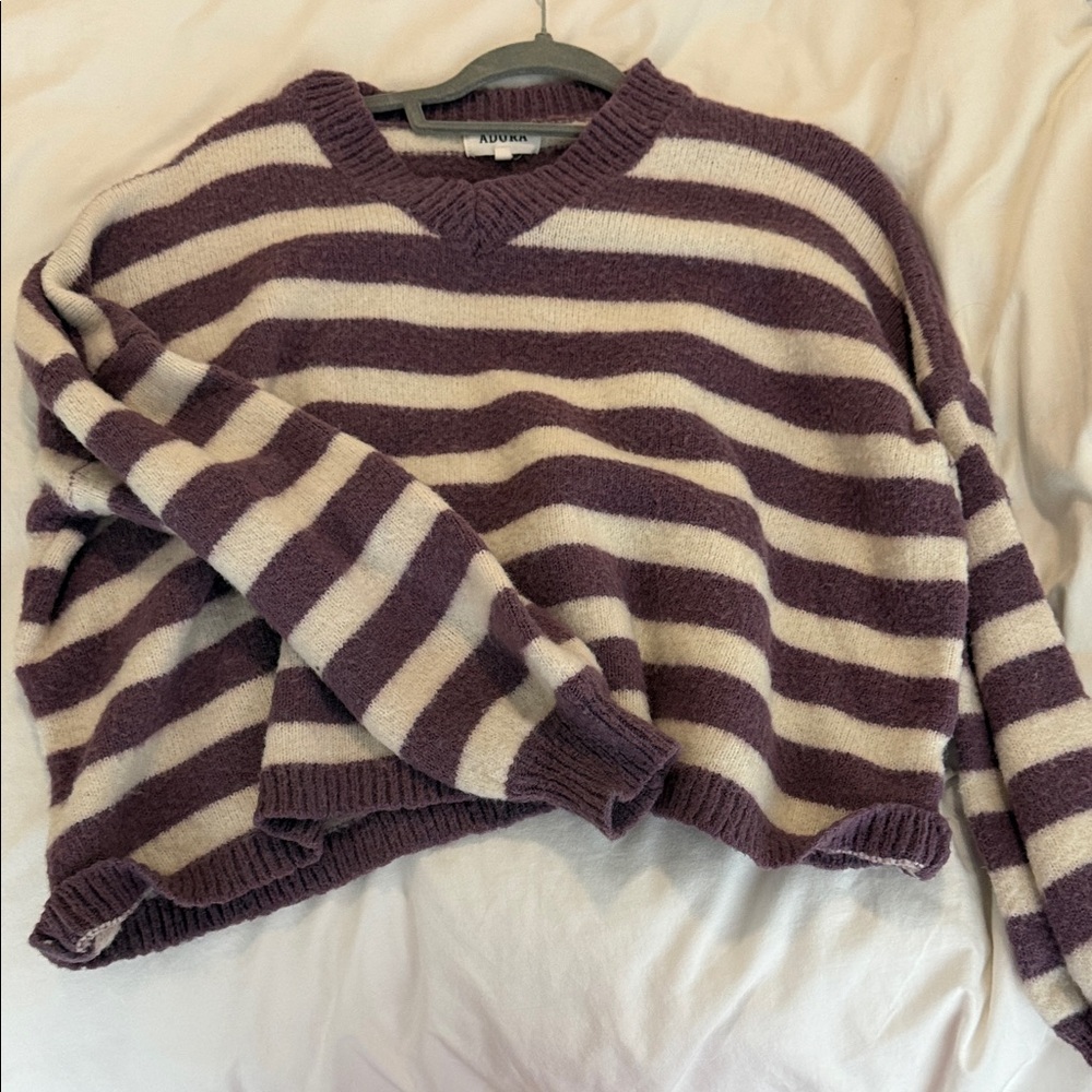 Aritzia Purple and Cream Striped V-Neck Sweater